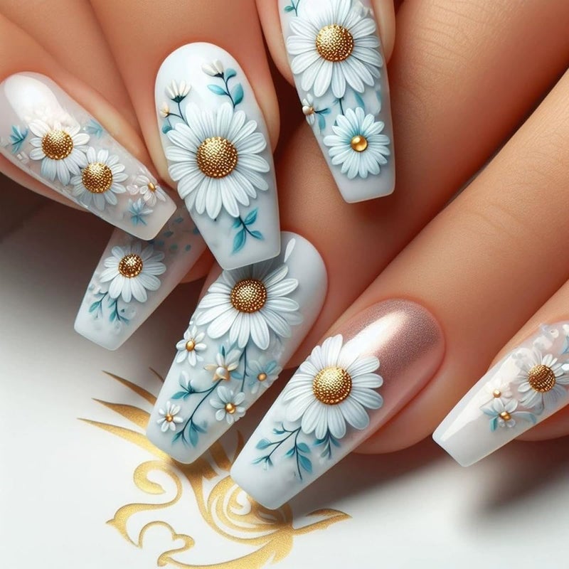 juggssa Spring Flower Press on Nails Long Coffin Fake Nails with Daisy Designs Spring Summer Glue on Nails Glossy Flower Acrylic Nails Full Cover False Nails with Glue Reusable Stick on Nails for Women 24PCS - Image 1